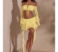 Damen Mode Chiffon Langarm Trägertop mit Off-Shoulder und Crop Passform, kombiniert mit einem Rock mit mehreren Rüschen-Säumen, perfekt für Dates