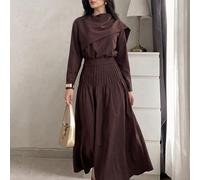 Damen Mode einfarbiges Schal-Top und plissierter Rock 2-teiliges Set Lehrertag Büro Abendessen Dunkelbraun Herbst Bescheiden Elegant