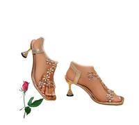 Damen Mode & Elegant Blume Strass Verziert High Heels Sandalen Damen Blume Strass Blockabsatz Sandalen Offene Zehe Kleid Schuhe Party Hochzeit Sandalen, Champagner-Blumen, 38 EU