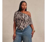 Damen-Mode in großen Größen, lässig-elegant, Zebra-Tier Muster, asymmetrisch drapiertes kurzes Top mit asymmetrischer Schulter, Göttinnen-Stil, für be