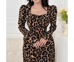 Damen Mode Leoparden Muster Weite Ärmel Kleid für Herbst, Elegante Damen Kleider, Lange Abendkleider