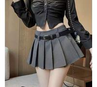 Damen Mode plissierter Mini-Rock mit Gürtel, grauer Casual A-Linie Highwaist Rock aus nicht-dehnbarem Stoff, geeignet für den täglichen Frühlingstrage