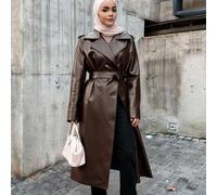 Damen Mode Street Style einfarbiger Kragen Doppelreiher Gürtel PU Leder Trenchcoat, Herbst Damen Jacke, Herbst Damen Kleidung