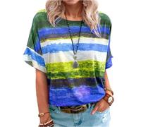 Damen Mode Top Shirts T-Shirts Solide Sommer Casual Kurzarm Blusen Damen Sommer Kurzarm T-Shirt Rundhals Gestreift Tops Damen Kurzarm Sommer Tops Lose Lässig Farbblock T-Shirts T-Shirt