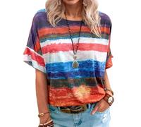 Damen Mode Top Shirts T-Shirts Solide Sommer Casual Kurzarm Blusen Damen Sommer Kurzarm T-Shirt Rundhals Gestreift Tops Damen Kurzarm Sommer Tops Lose Lässig Farbblock T-Shirts T-Shirt