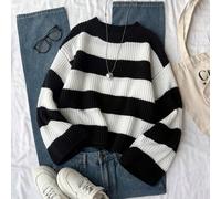 Damen Mode vielseitig einfacher schwarz-weißer Kontrast Rundhals Crop Grobstrick Pullover, Herbst/Winter