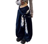 Damen Modische Bedruckte Loose-Fit Jogginghose: Retro-Leopardenmuster mit Schriftzug-Design, elastischer Bund, Weite Beine Tanzhose Street Style (Marineblau 2,XXL)