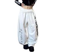 Damen Modische Bedruckte Loose-Fit Jogginghose: Retro-Leopardenmuster mit Schriftzug-Design, elastischer Bund, Weite Beine Tanzhose Street Style (Weiß 2,L)