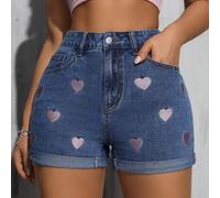 Damen modische rosa Herz bestickte Bund Saum Shorts, rosa Lederpatchen Detail, blaue elastische Taille Jeans Shorts, Kleidung für den Schulanfang