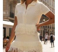 Damen modischer kurzer Arm Lässig Strick Cardigan mit Quasten und Karomuster für den Sommer