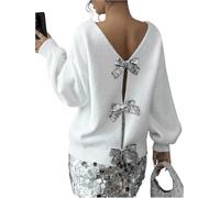 Damen Modischer Pullover mit Schleife und Pailletten Oberteil süßer lässiger Vintage-Pullover mit Schleife übergroßer Pullover lange Ärmel Rundhalsausschnitt Glitzer-Strickpullover (Weiß,L)