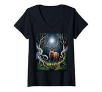Damen Mondnacht Hirsch Wald Natur T-Shirt mit V-Ausschnitt