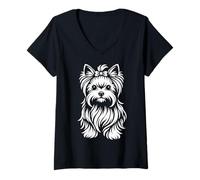 Damen Monochromer Yorkshire Terrier mit Schleife, Portraitkunst T-Shirt mit V-Ausschnitt