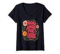 Damen More Amor Por Favor Floral Love Zitat Retro Schriftzug T-Shirt mit V-Ausschnitt