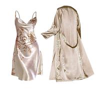 Damen Morgenmantel mit Nachthemd Zweiteiliger Leicht Spaghettiträger Satin Set Morgenmantel Bride Bademantel Kurz Nachtwäsche Nachtkleid Sexy Dessous Negligee Kimono 2er Pack