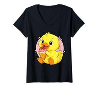 Damen Motiv „Ente Eating Ice Cream“ für Jungen und Mädchen, Entenliebhaber T-Shirt mit V-Ausschnitt