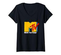 Damen MTV Retro Eighties Neon Primary Color Pop Art Logo T-Shirt mit V-Ausschnitt