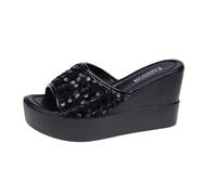Damen Mules mit hohem Blockabsatz Damen Sandalen Sommer Plateau Glitzer Pantoletten Strass Keilabsatz Strandschuhe mit Kork-Fußbett Schlappen Slipper Sandalen Damen Mit Absatz
