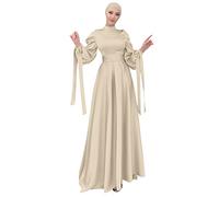 Damen Muslim Roben Einfarbig Muslimisches Kleid Mit Kapuze Islamische Gebetskleidung Langarmü Trkische Robe Mit Turban mit Hijab für Ethnische, Braut, Abend, Party, Hochzeitskleid Beige M