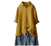 Damen Musselin Bluse Sommer Leichte Atmungsaktive Leinenbluse Locker Freizeit Leinenhemd Oberteil Aus Baumwolle Und Leinen Mit V-Ausschnitt Und Dreiviertelärmeln Top Hemdbluse Schicke Und Elegante