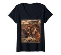 Damen Mustang Running Back RB Selfie Vintage School College Maskottchen T-Shirt mit V-Ausschnitt