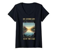 Damen My Other Life is by The Lake Sunset Nature Art T-Shirt mit V-Ausschnitt