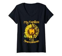 Damen My Papillon Dog is My Sunshine Sunflower Dog Paw Funny Puppy T-Shirt mit V-Ausschnitt