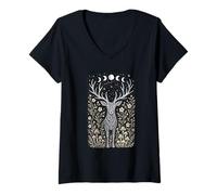 Damen Mystische Hirsch Volkskunst Mondphase Natur Wald Boho T-Shirt mit V-Ausschnitt