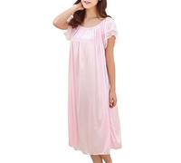 Damen-Nachthemd aus Seide, langes Nachtkleid, Damen, Spitze, Eisseide, kurze Ärmel, locker, Übergröße, Nachthemd, Langarm, Nachthemd, Pyjama, Kleid, leicht, weich, Homewear, Loungewear, rose,