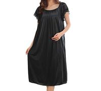 Damen-Nachthemd aus Seide, langes Nachtkleid, Damen, Spitze, Eisseide, kurze Ärmel, locker, Übergröße, Nachthemd, Langarm, Nachthemd, Pyjama, Kleid, leicht, weich, Homewear, Loungewear, Schwarz ,