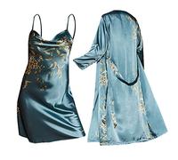 Damen-Nachthemd für vier Jahreszeiten, 2er-Set, dünne Außenkleidung, mittellang, Damen-Bademantel mit Kapuze, gesteppter Bademantel aus Fleece, grün, 38
