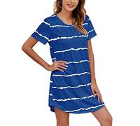 Damen Nachthemd Kurzarm Streifen Nachtwäsche Kleid Baumwolle Negligee Sleepshirt Große Größen Sommer Kurz Unterkleid Weiche Schlafhemd T-Shirt Schlafshirt Nachthemden Nachthemd Damen 3/4 Arm (Blue, L)