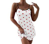 Damen Nachthemd Mit Herzen - Minikleid Kurz Schlafanzug Baumwolle Pyjama Spaghettiträger Top Sommer Unterkleid Sexy Freizeitkleid Lounge Große Größen Negligee Tank Kleid Nachthemden Kleider Tops