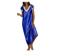 Damen Nachthemd V-Ausschnitt Spitze Langes Nachtwäsche S-5XL Satin Übergröße Loungewear Homewear Pyjamas Langes Kleid Kurzarm Oversize Sleepshirt Schlafshirt Schlafanzug Nachtkleid