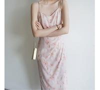 Damen-Nachthemden aus Satin, weiche Negligés, Aquarell-Rosa-Druck, V-Ausschnitt, Hosenträger, asymmetrisches Overknee-Kleid mit hoher Taille, elegantes, reines Verlangen, Wind, langer Rock, sexy Kleid, einfarbig, L