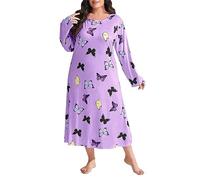 Damen Nachthemden Für Baumwolle Langarm Lang Nachthemd Große Größen 54 Schlafshirt Rundhals Schmetterlings Druck Nachtwäsche Loose Bunt Pyjama Schlafkleid Sommer Mollige Sleepwear Kleid