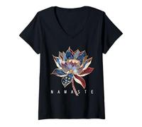 Damen Namaste Lotus Blume Zen Buddhismus Yogi Buddha Yoga T-Shirt mit V-Ausschnitt