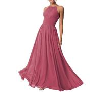 Damen Neckholder Brautjungfernkleider Lang für Hochzeit Plissee A Linie Chiffon Maid of Honor Formelles Abendkleid, Desert Rose, 46