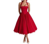 Damen Neckholder-Midi-Kleid, Korsett, Rücken, geschichtet, Tüllrock, A-Linie, formelle Kleider, Hochzeit, Gast, Brautparty, Rot/Ausflug, einfarbig (Getaway Solids), Klein