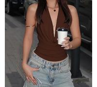 Damen Neckholder Top Deep V-Ausschnitt Rückenfrei(Coffee M) | Deep V-Ausschnitt, neckholder Design, rückenfrei, modischer Look, perfekte Passform