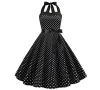 Damen Neckholder Vintage Rockabilly Kleid 1950er Jahre Swing Cocktail Kleid Blumen/Polka Dots Festlich Abendkleid Schwarz XXL