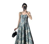 Damen-Negligé aus weichem Satin, mittellanges mittellanges Kleid aus Samt mit Trägern, mittellanges Blumenkleid mit Trägern, langes Maxikleid mit blauem Blumenmuster für den Sommer, Strand, Swing-Party, elegant, lässig, böhmisch, ärmellos, einfarbig, L