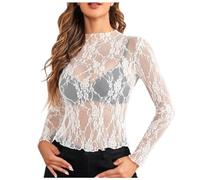 Damen Netzoberteil Top Rundhals Sexy Spitzen Netz Oberteile Transparentes Mesh Sheer Langarmshirt T-Shirt Tunika Schwarz Oberteil Durchsichtiges Casual Bluse Tops Frauen Tunika Clubwear (White, XL)