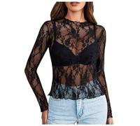 Damen Netzoberteil Top Rundhals Sexy Spitzen Netz Oberteile Transparentes Mesh Sheer Langarmshirt T-Shirt Tunika Schwarz Oberteil Durchsichtiges Casual Bluse Tops Frauen Tunika Clubwear (Black, XL)
