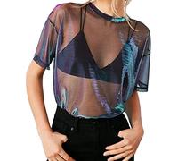 Damen Netzstoff Shirtnetz Oberteil Transparentes Shirt Modisches Sexy Mesh Top Netzshirt Damen Kurze Ärmel Mesh Shirt Durchsichtige Glitzer-Top Party Club Mesh Oberteile Bluse Tunika (Purple, L)
