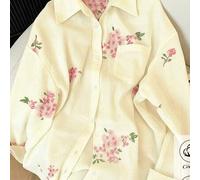 Damen neue Bluse, Frühlings-/Sommer-Baumwollbluse, Vintage-Stickerei-Langarmbluse, lässige, weite bestickte Bluse in Gänsegelbton, lässiger französisc