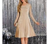 Damen neue elegante Midi-Kleid mit Quadratausschnitt, Spitzeneinsätzen und taillierter Passform, schmeichelhaftes Apricot-Farbton, geeignet für den tä