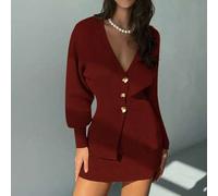 Damen neue Herbst-Winter vielseitig tragbare Alltagskleidung Set aus Strickjacke mit V-Ausschnitt, Drop-Shoulder und geraffter Taille sowie schmalem M