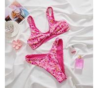 Damen Neue Sommer Bikini Set, elegantes romantisches doppelseitig bedrucktes Twist Design Bikini Set, geeignet für Strand, Urlaub, Party, Valentinstag