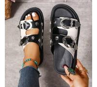 Damen Neue Sommer Schwarz & Weiß Kontrast Farbe PU Leder Metall Nieten Dicksohlige Slide Sandalen, Doppelt breiter Riemen Metall Schnalle Stern Nieten